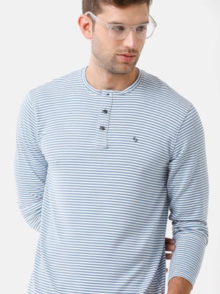 Classic Polo Mens Cotton Striped Full Sleeve Slim Fit Round Neck Blue Color T-Shirt | Verno 305