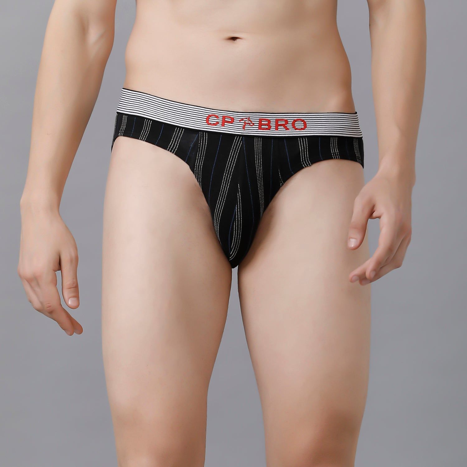 CP BRO Men's Printed Briefs with Exposed Waistband - Black White Stripe Print