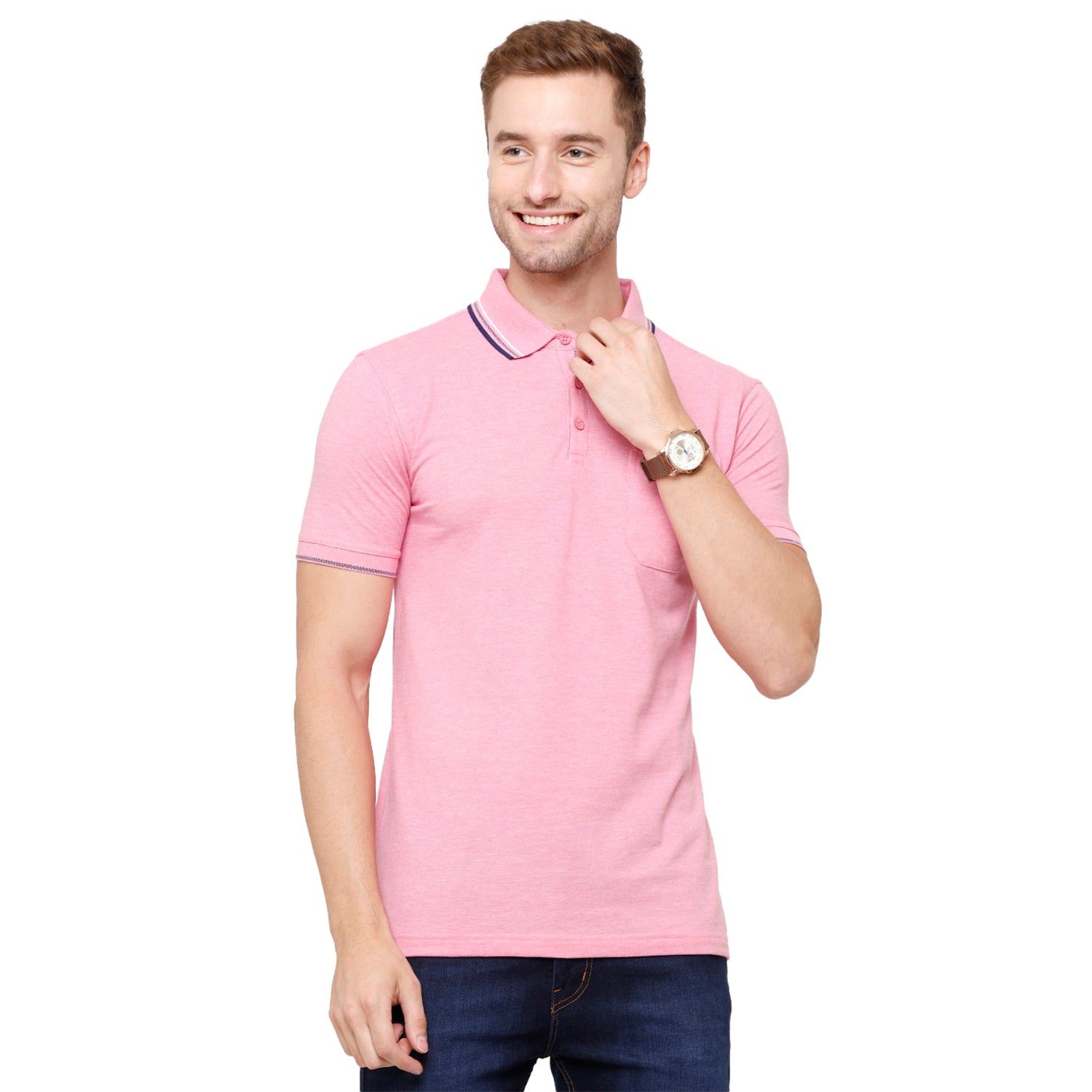 Classic Polo Men's Pink Melange Polo Half Sleeve Slim Fit T-Shirt | Toza-Pink Mel