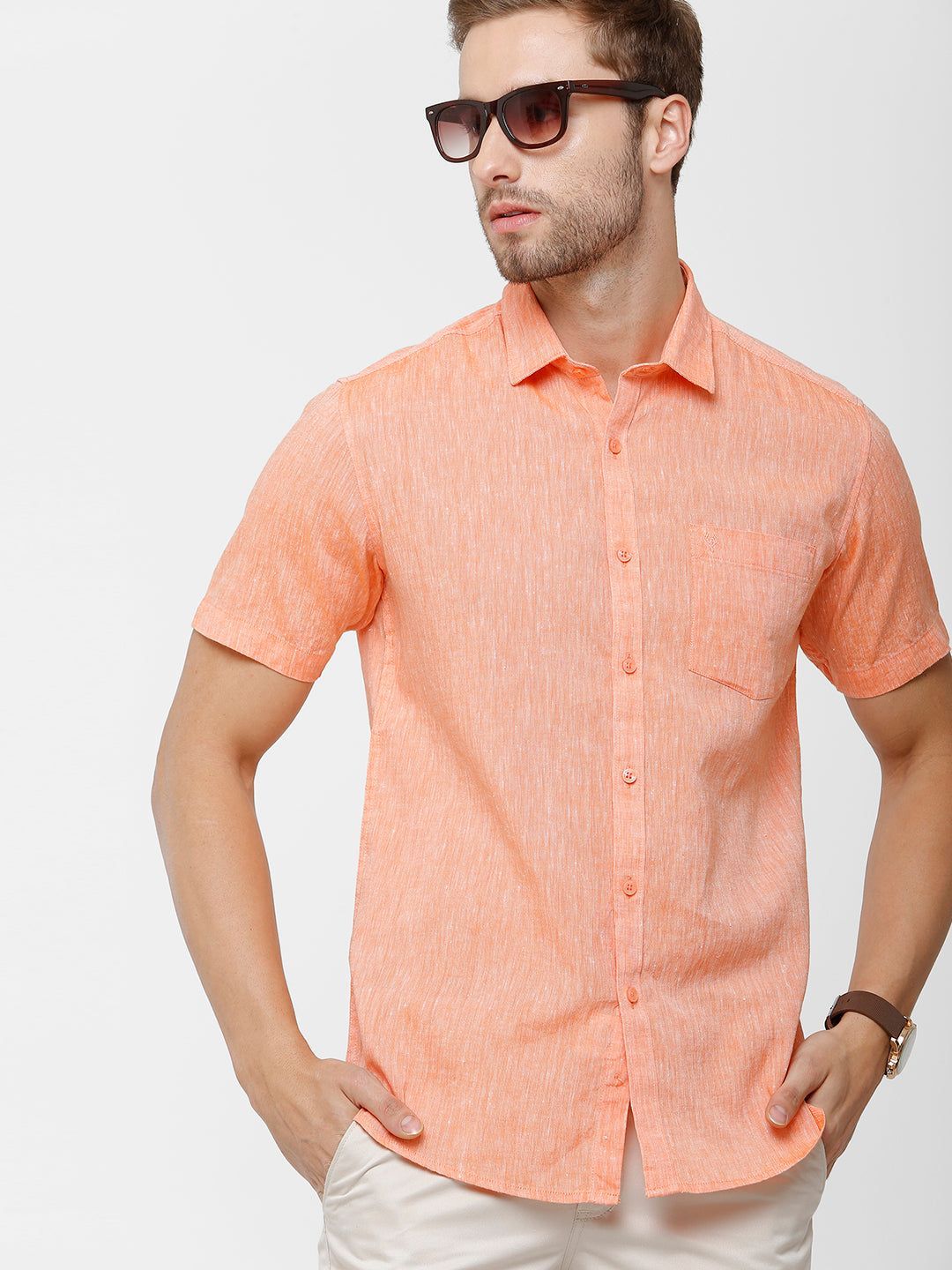 Classic Polo Mens Linen Cotton Solid Woven Shirt - Porsh-Orange HS