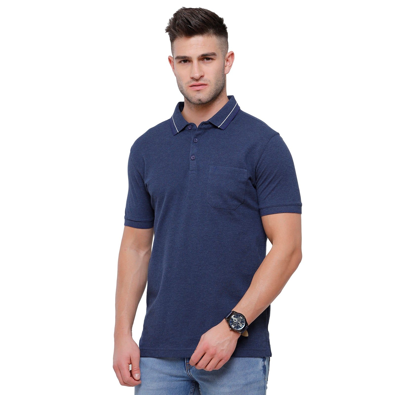 Classic Polo Men's Denim Blue Melange Polo Half Sleeve Slim Fit T-Shirt | Toza-Denim Mel