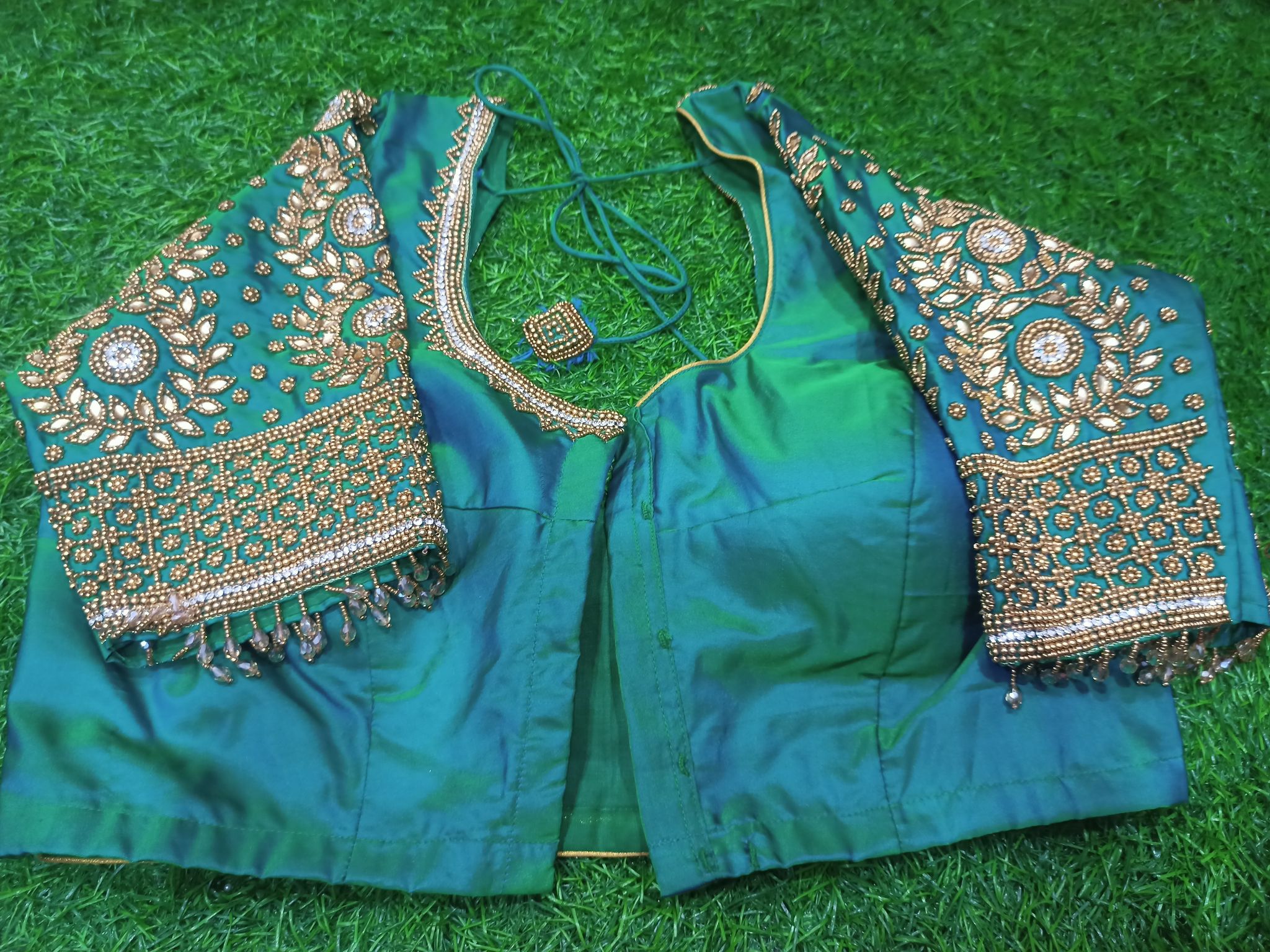  Green Hand Embroidered Blouse With Zari Work