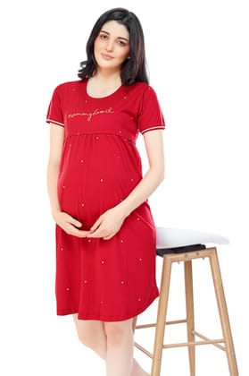 ZEYO Women Cotton Navy Blue Dot Print Maternity & Feeding Night Dress