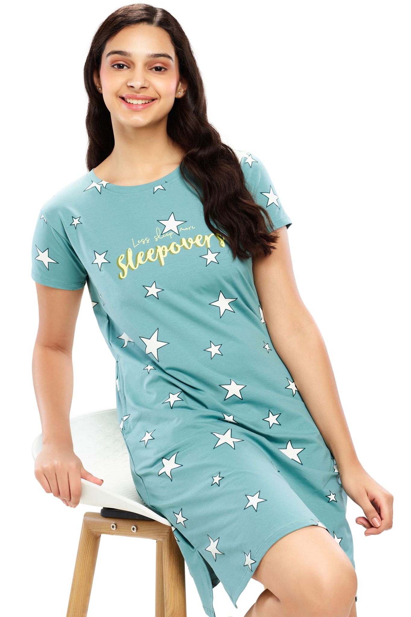 ZEYO Women Cotton Night Dress Green Star Printed Short Nighty