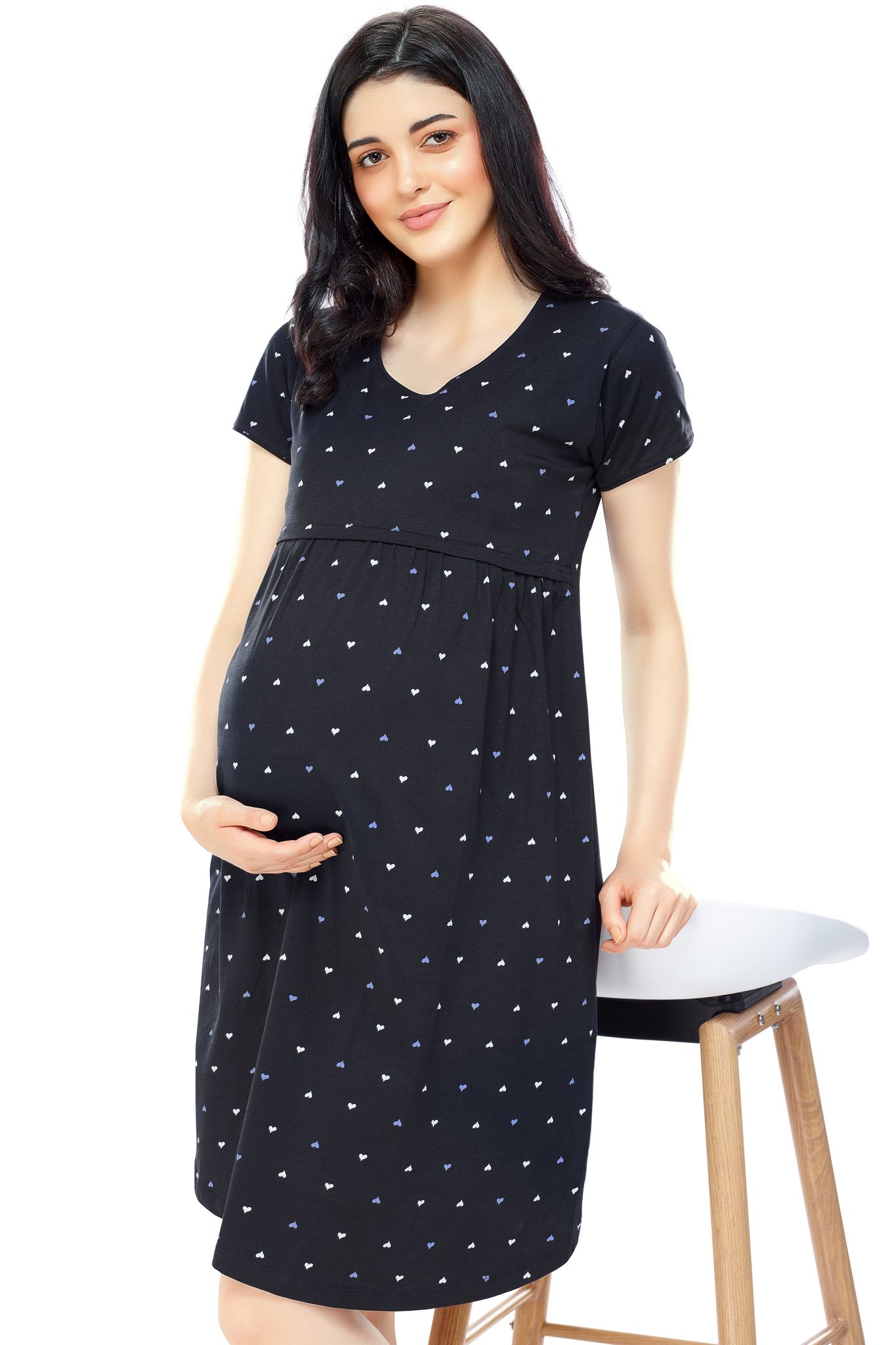 ZEYO Women Cotton Navy Blue Heart Print Maternity & Feeding Night Dress