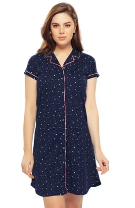 ZEYO Women Cotton Night Dress Navy Blue Star Print Short Nighty