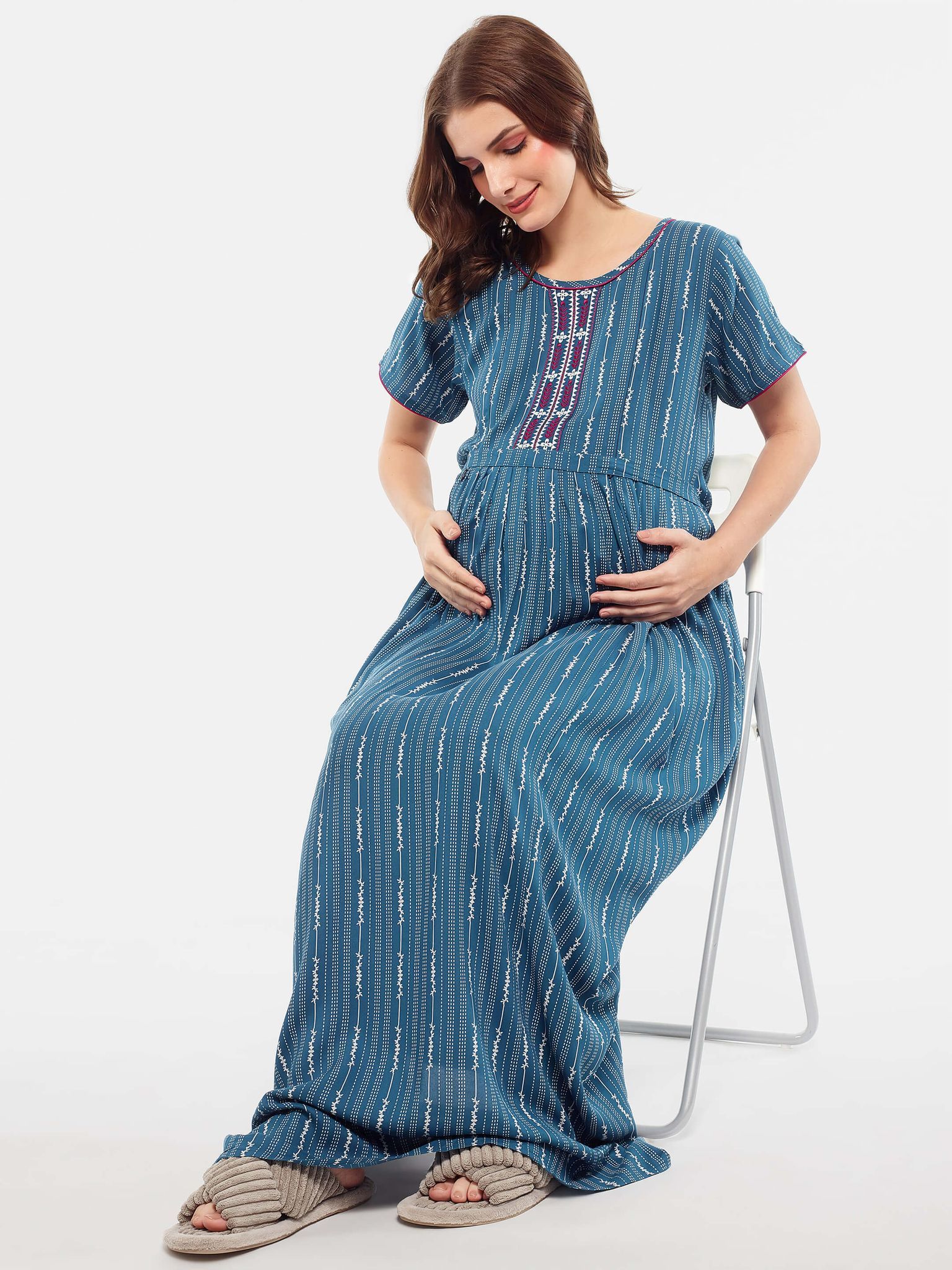 Zeyo Women Rayon Blue Stripes Print Maternity Feeding Nighty