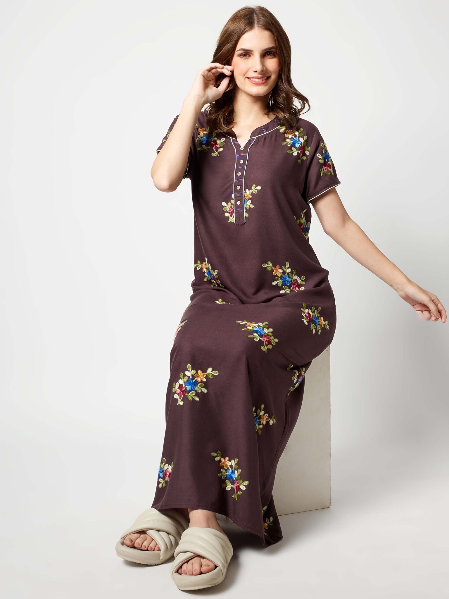 Zeyo Women Rayon Brown Floral Embroidery Nighty