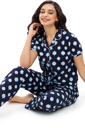 ZEYO Women's Cotton Navy Blue Leaf Printed Night suit set