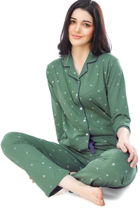 ZEYO Women's Cotton Green Star Printed Stylish Night suit set