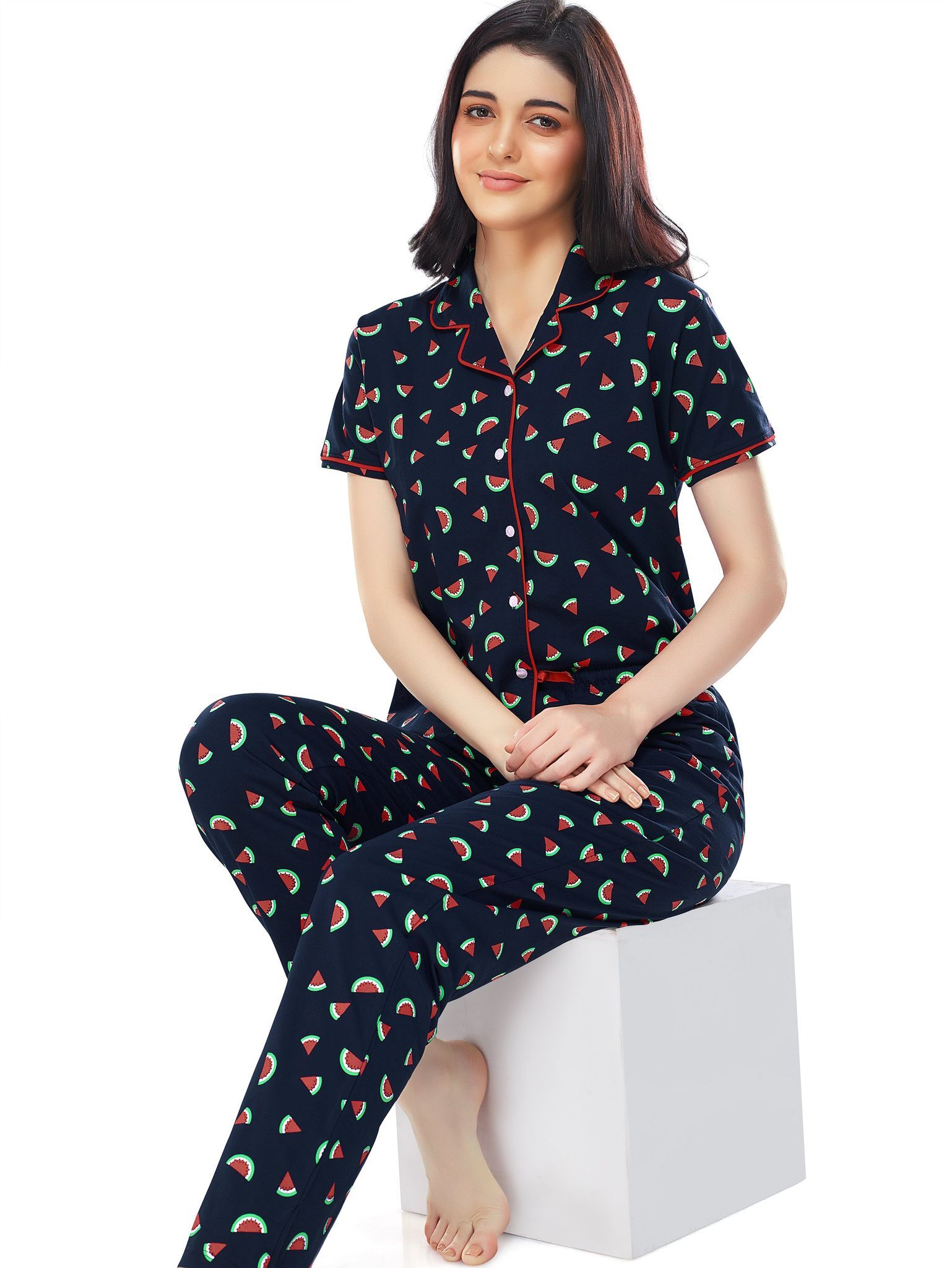 ZEYO Women's Cotton Navy Blue Water Melon Printed Stylish Night suit set