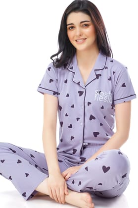 ZEYO Women's Cotton Violet Heart Printed Stylish Night suit set