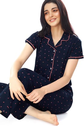 ZEYO Women's Cotton Navy Blue Flash Printed Stylish Night suit set