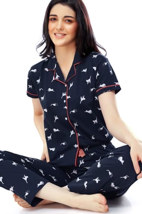 ZEYO Women's Cotton Navy Blue Cat Printed Stylish Night suit set