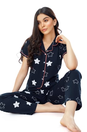 ZEYO Women's Cotton Navy Blue & Green Star Printed Stylish Night suit set