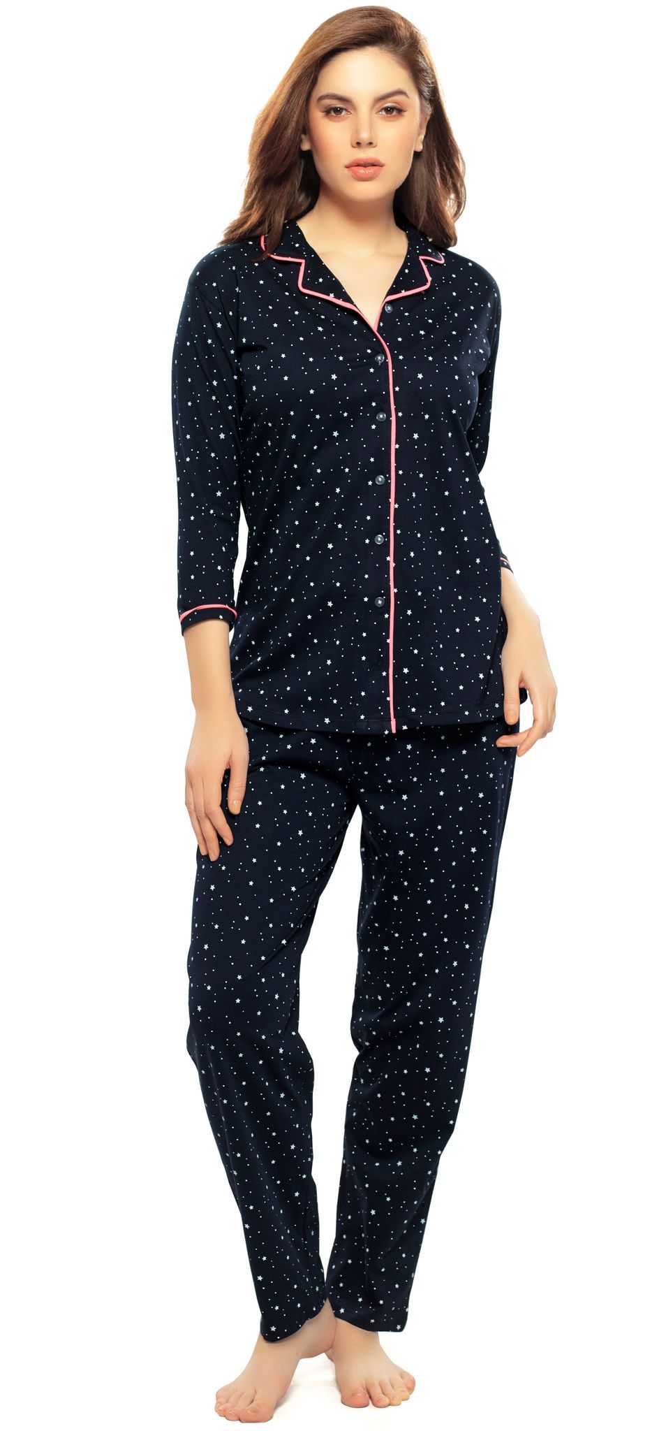 ZEYO Women's Cotton Navy Blue Star Printed Stylish Night suit set