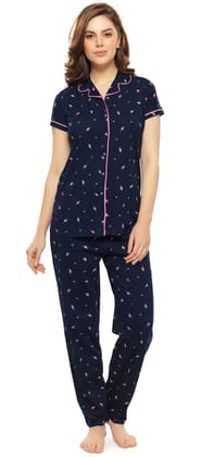 ZEYO Women's Cotton Navy Blue Leaf Printed Stylish Night suit set