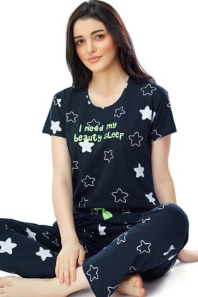 ZEYO Women's Cotton Green Star Printed Stylish Night suit set