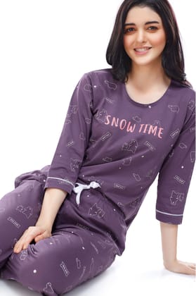 ZEYO Women's Cotton Blue Bear Printed Stylish Night suit set