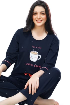 ZEYO Women's Cotton Navy Blue Dot Printed Stylish Night suit set