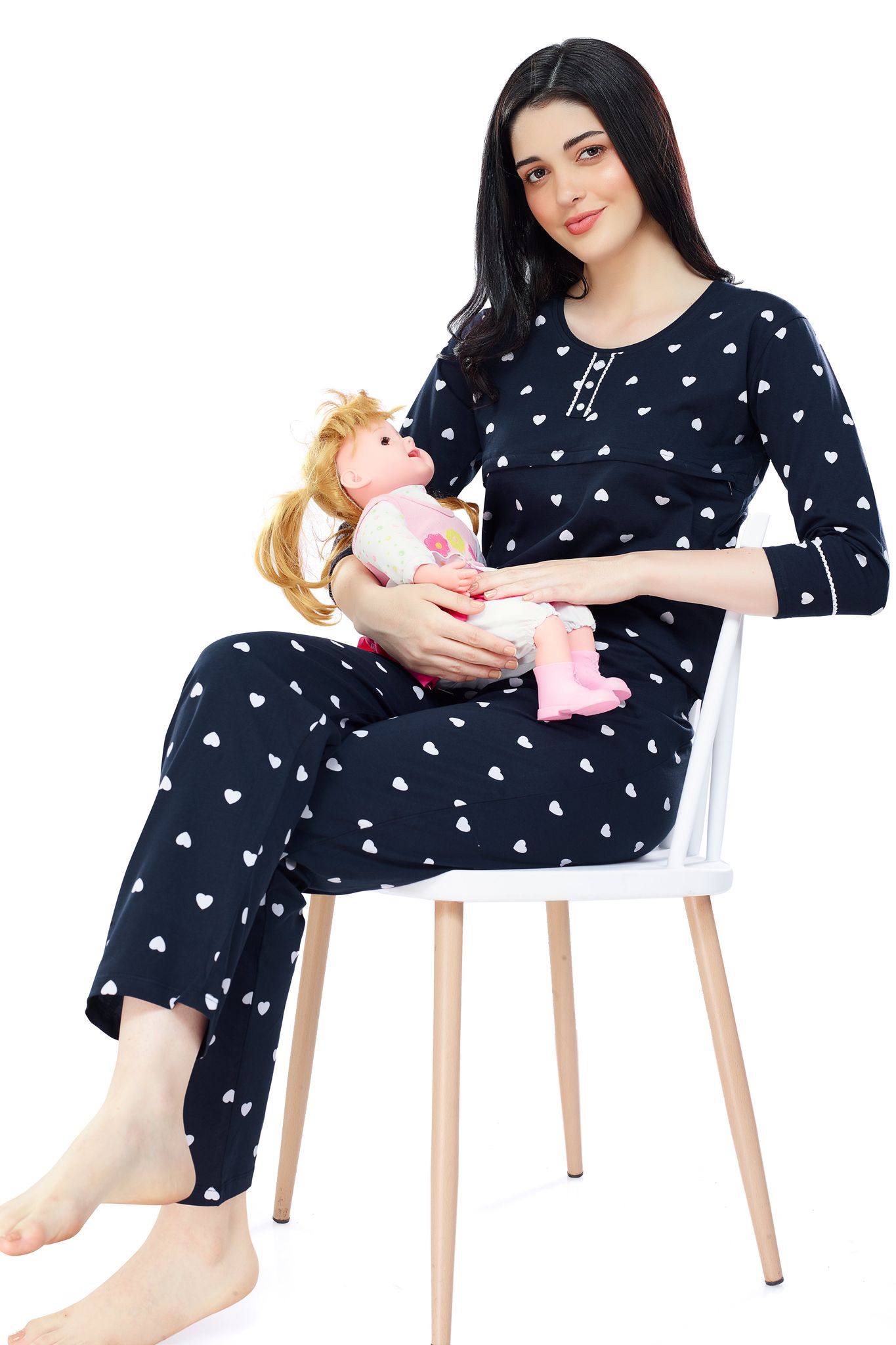 ZEYO Women Cotton Green Heart Print Nursing & Feeding Night Suit