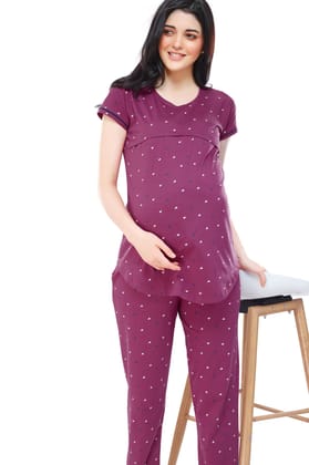 ZEYO Women Cotton Navy Blue Heart Print Maternity & Feeding Night Suit