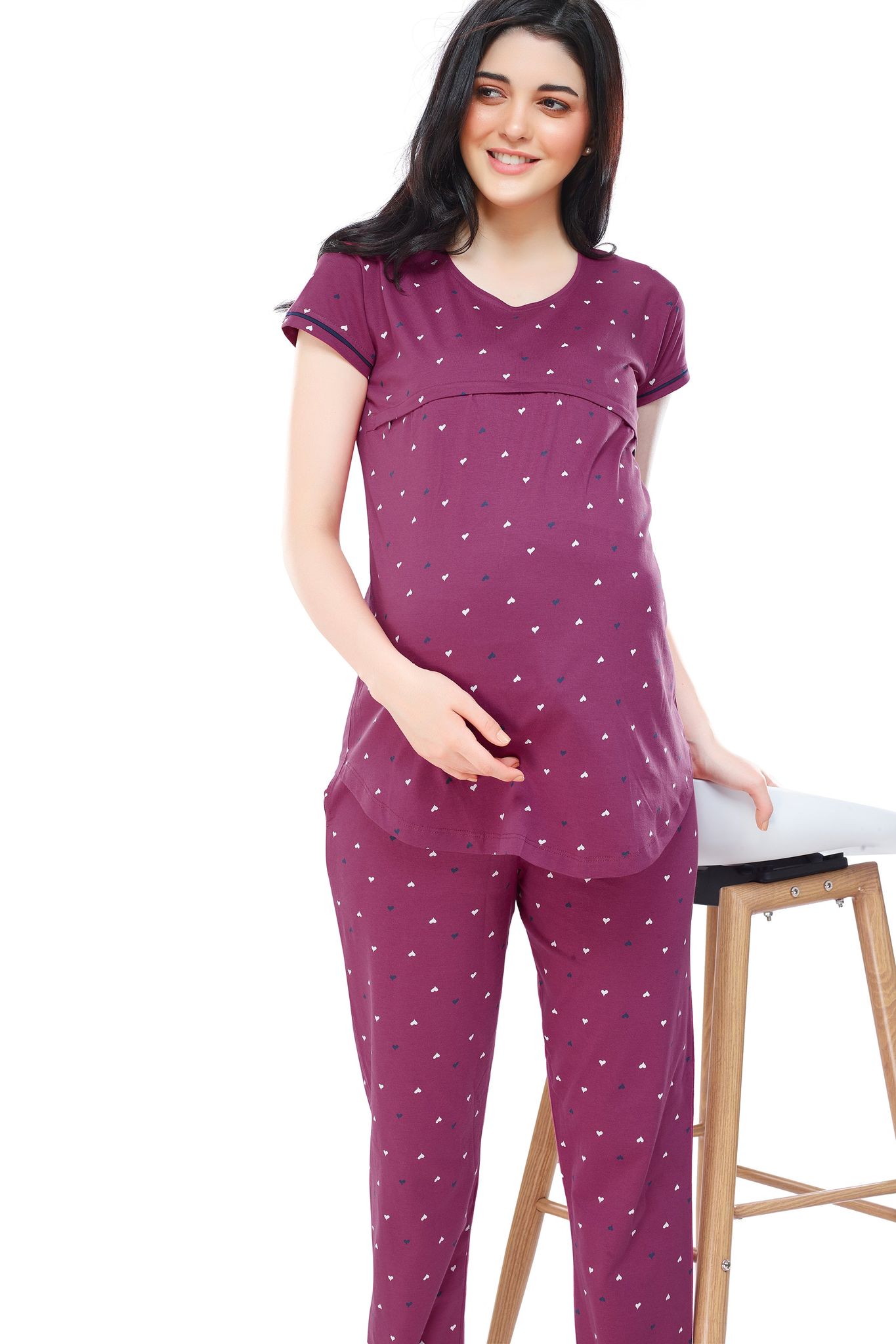 ZEYO Women Cotton Navy Blue Heart Print Maternity & Feeding Night Suit