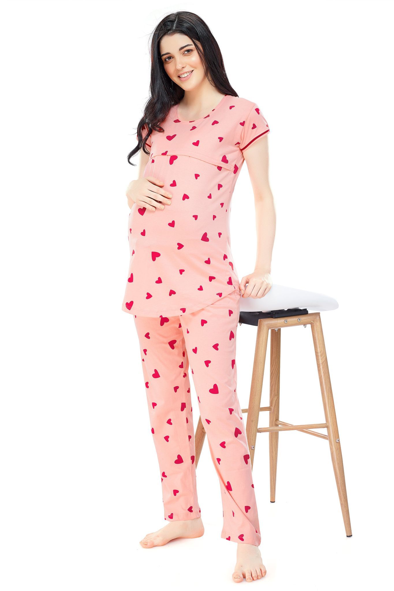 ZEYO Women Cotton Pink Heart Print Maternity & Feeding Night Suit