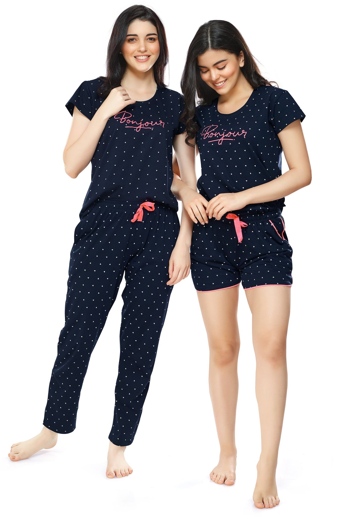 ZEYO Women's Cotton 3PCS Navy Blue Triangle Printed Night suit set