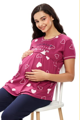 ZEYO Women Cotton Red Heart Print Maternity & Feeding Top