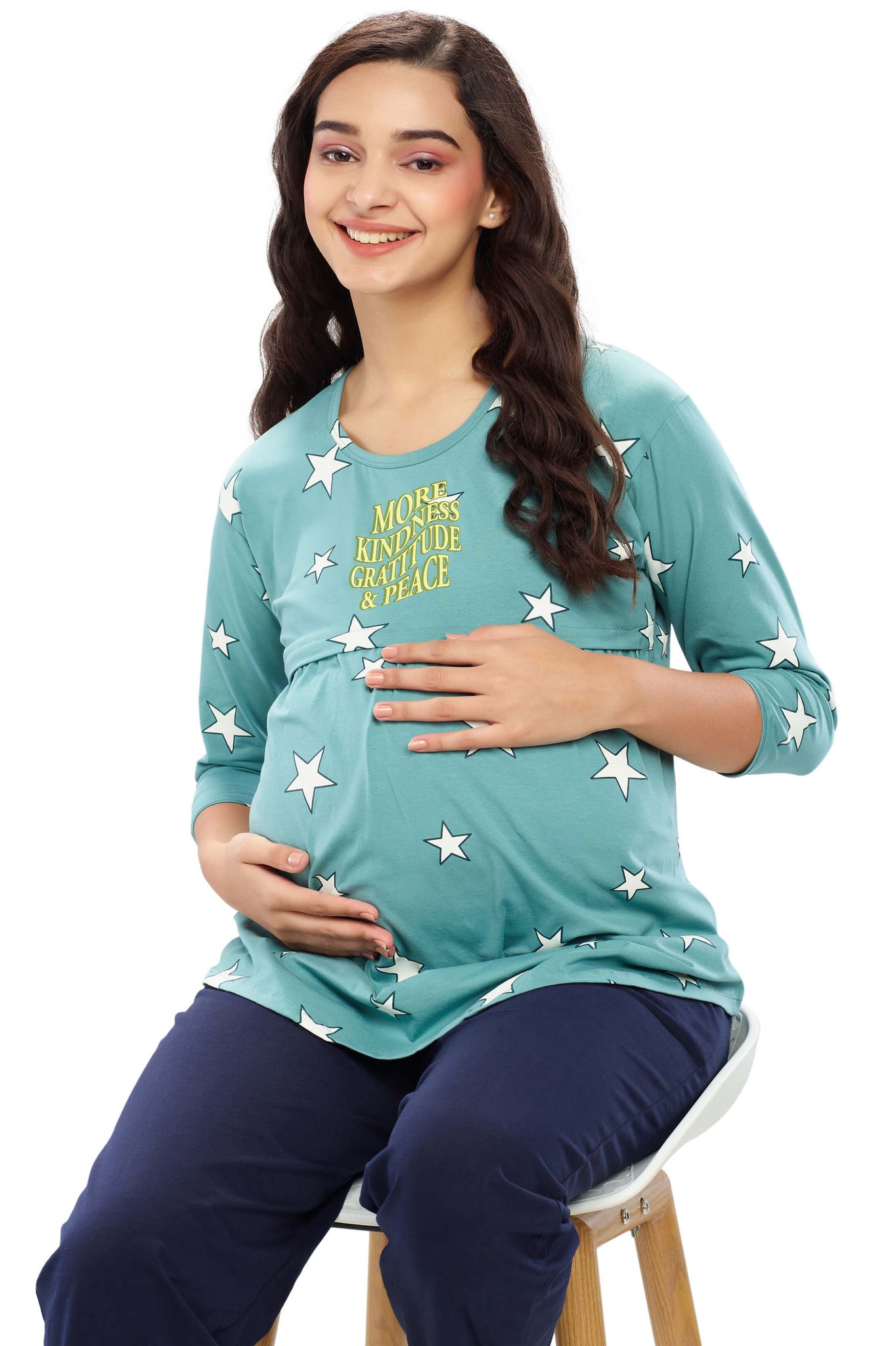 ZEYO Women Cotton Green Star Print Maternity & Feeding Top