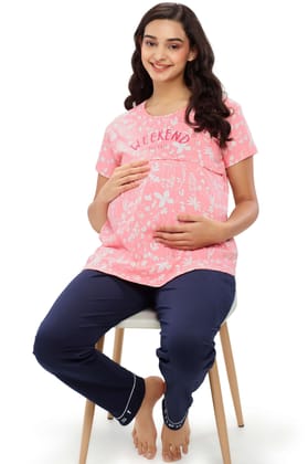 ZEYO Women Cotton Pink Floral Print Maternity & Feeding Top