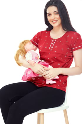 ZEYO Women Cotton Red Printed Maternity & Feeding Top