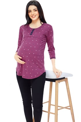 ZEYO Women Cotton Navy Blue Heart Print Maternity & Feeding Top