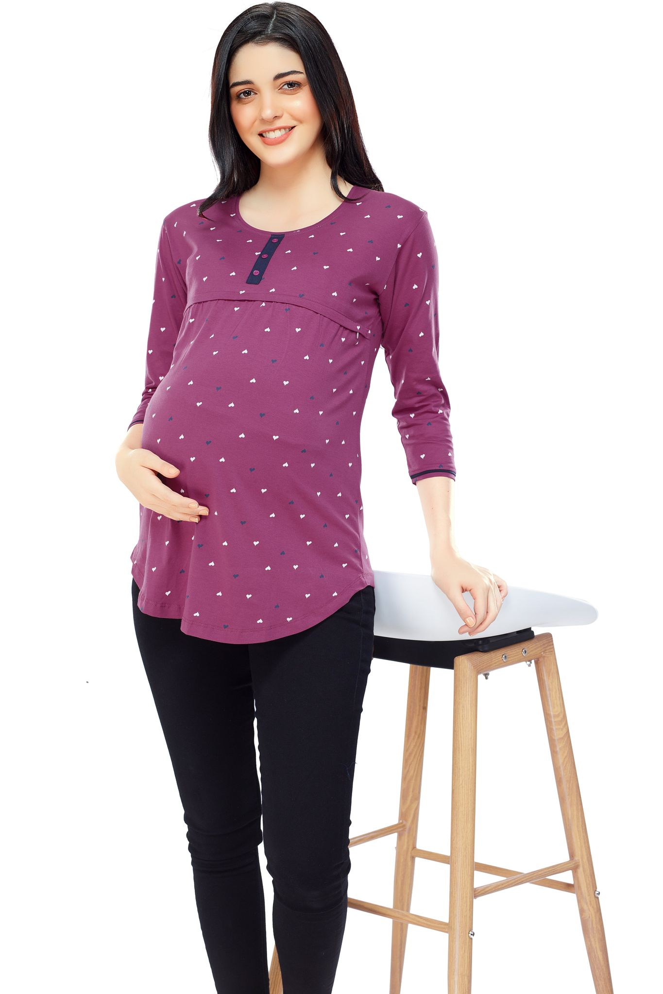 ZEYO Women Cotton Navy Blue Heart Print Maternity & Feeding Top