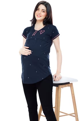 ZEYO Women Cotton Navy Blue Dot Print Maternity & Feeding Top