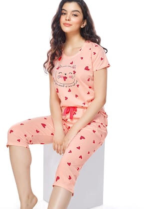 ZEYO Womens Cotton Pink Heart Printed Capri set