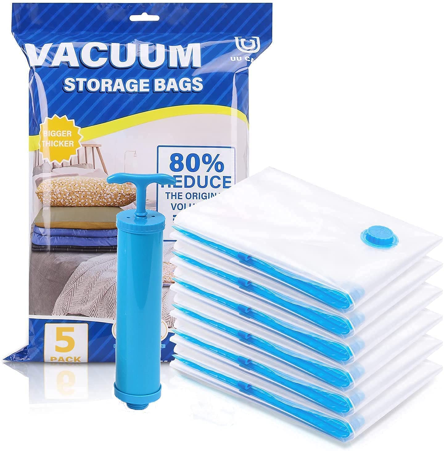  5 Pack Vacuum Storage Bags with Pump - 80% Space Saving, Bigger and Thicker Vacuum Seal Bags for Clothes, Comforters, Blankets, Pillows