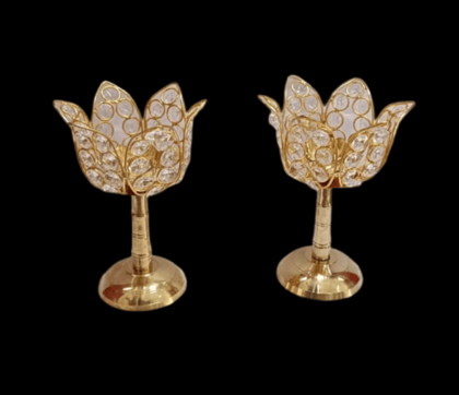 Pair of Golden Brass Lotus Flower Diya (7 inch)