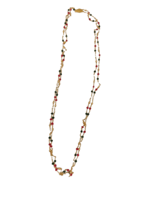 One Gram Gold Plated Traditional Long Haram Necklace Set with Ruby and Emerald Stones