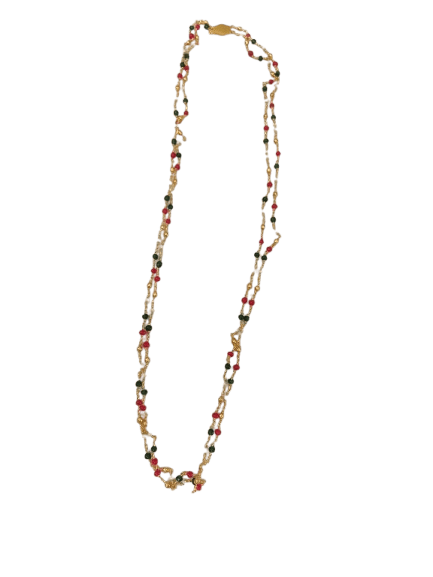 One Gram Gold Plated Traditional Long Haram Necklace Set with Ruby and Emerald Stones