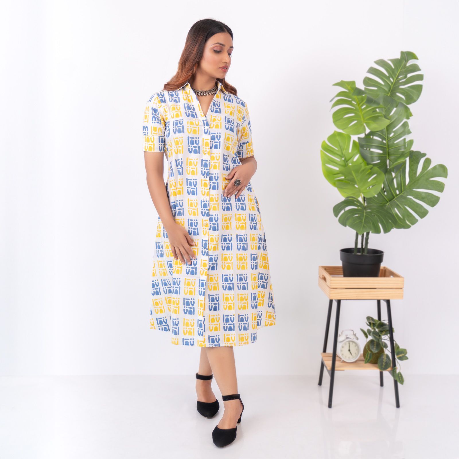 Yellow & Blue Block Printed Dress