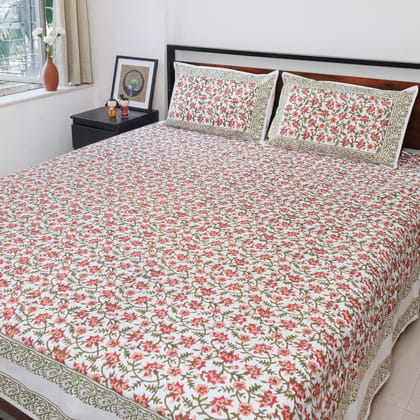 Peach and Red floral hand block printed bedsheet