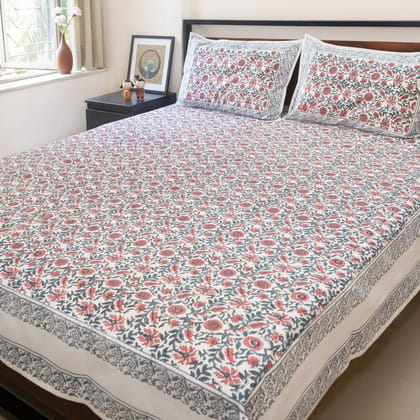 Red floral hand block printed bedsheet