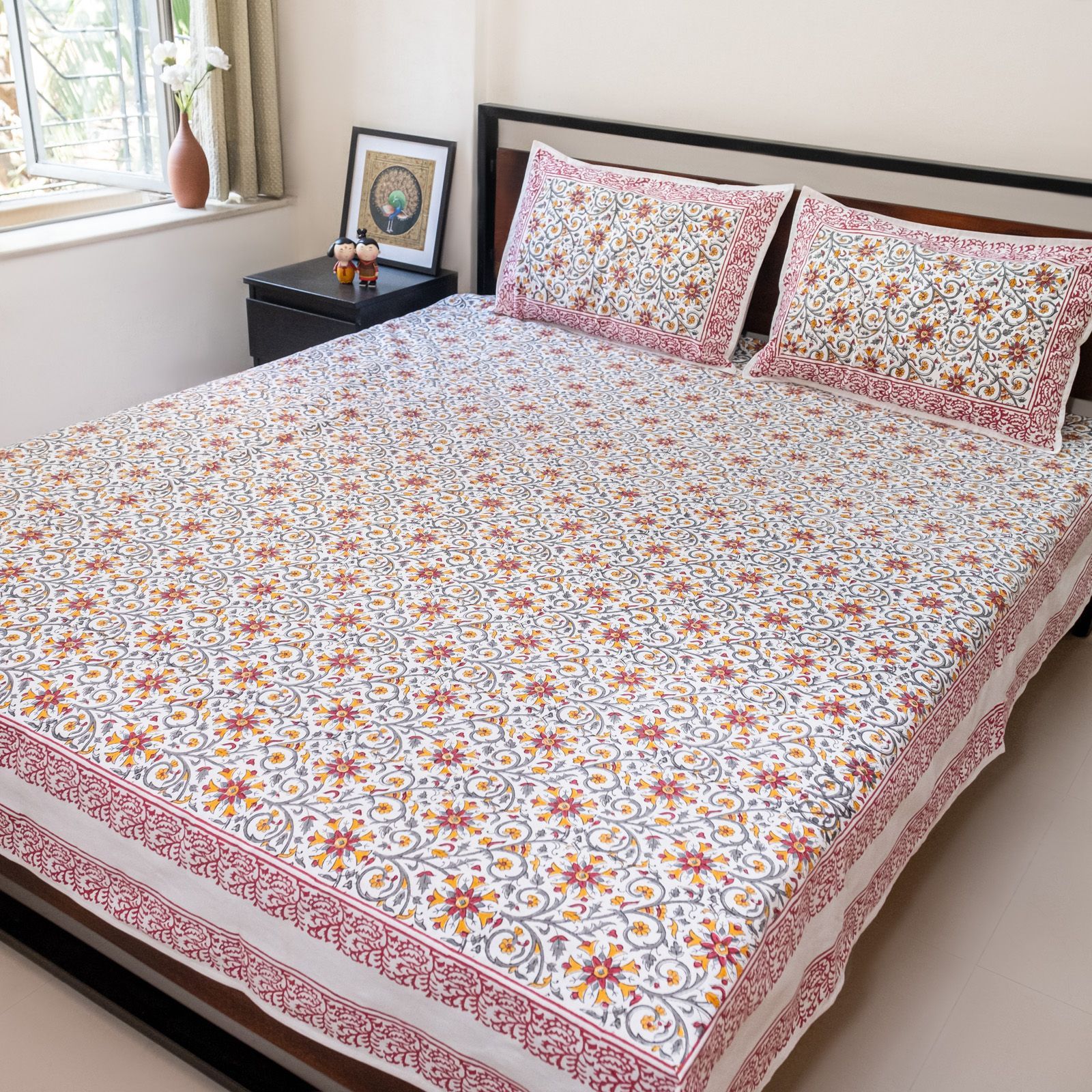 Yellow and Maroon hand block printed bedsheet