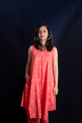 Peach Geometric Block Printed Long Kurti