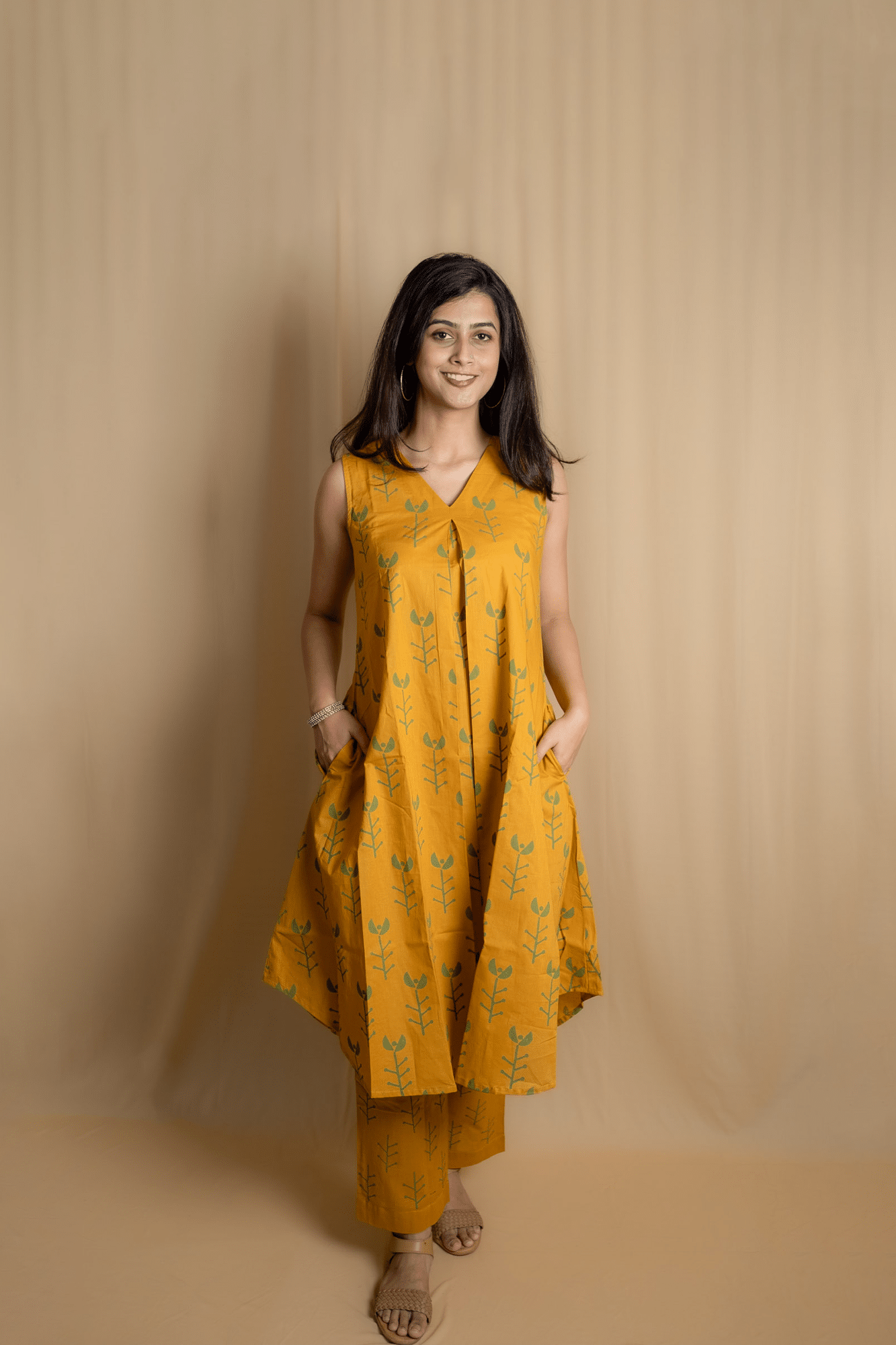 Ochre Green Geometric Block Printed Long Kurti