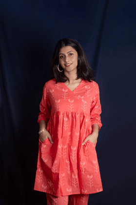 Peach Geometric Block Printed Short Kurti