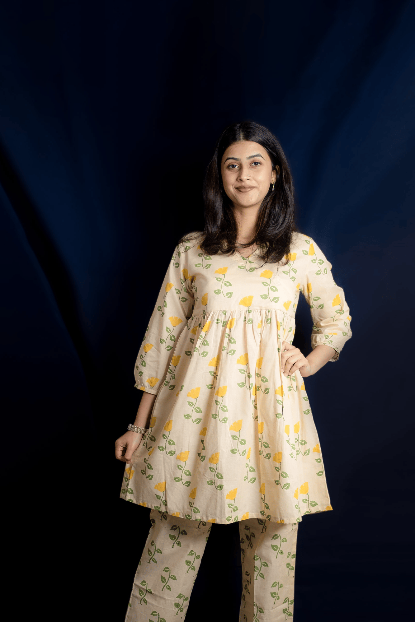 Beige Tulip Block Printed Short Kurti