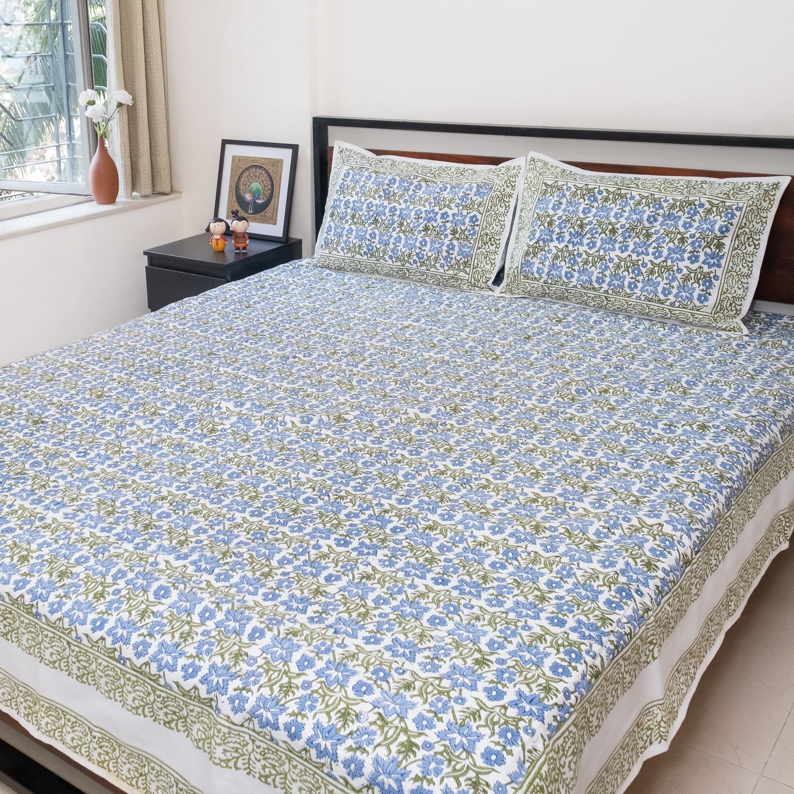 Blue and green hand block printed bedsheet